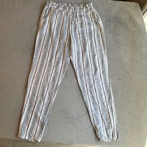 Linen Cotton Pants Women's Medium Striped Pull-On Beach Boho Resort Blue White
